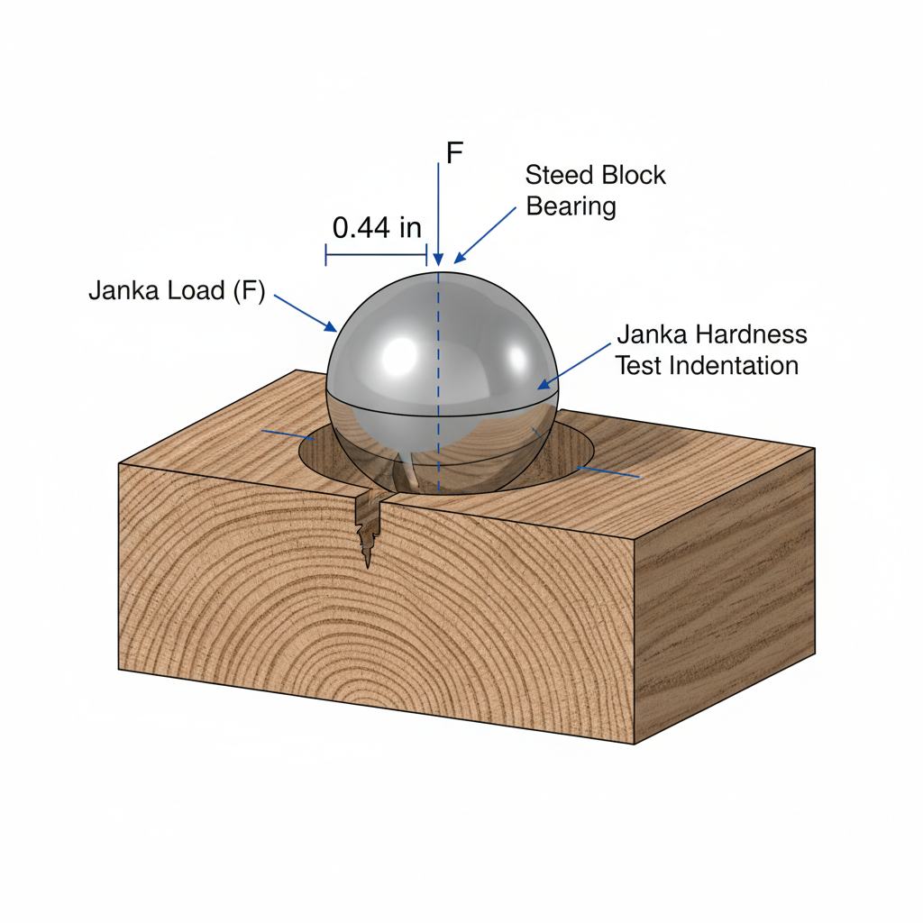 A close-up, photorealistic 3D cross-section diagram of a wood block undergoing the Janka Hardness Test.