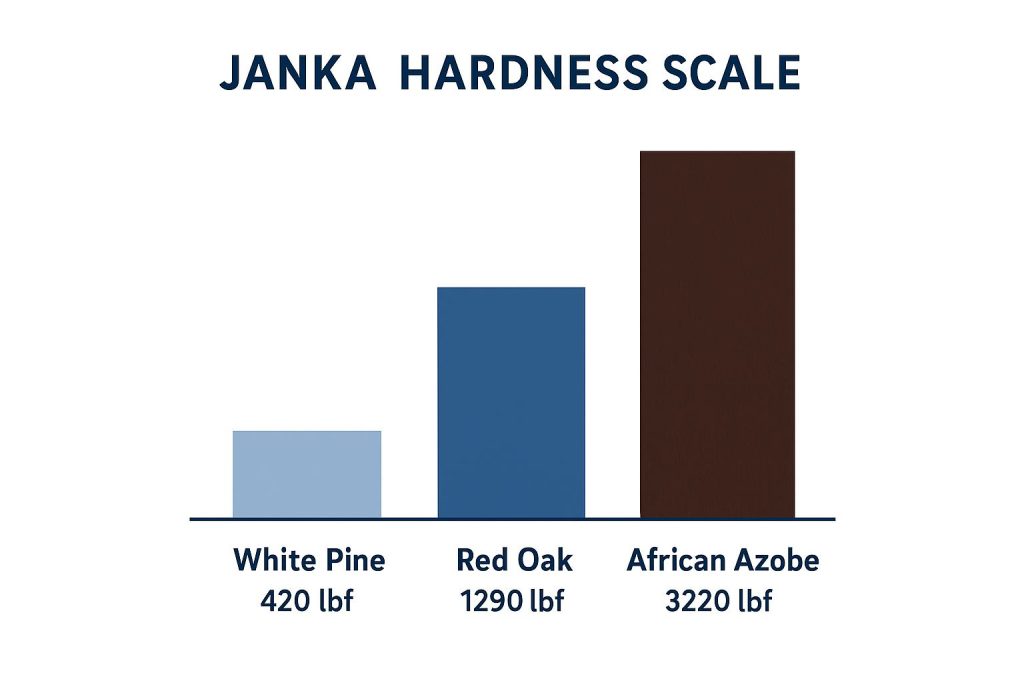 Janka Hardness Scale chart comparing Pine, Oak, and African Azobe
