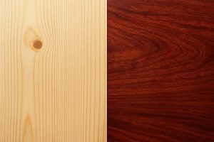 Comparison between pale softwood pine and rich african bubinga hardwood texture