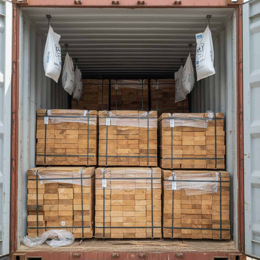 Shipping container loaded with timber showing desiccant bags to control moisture
