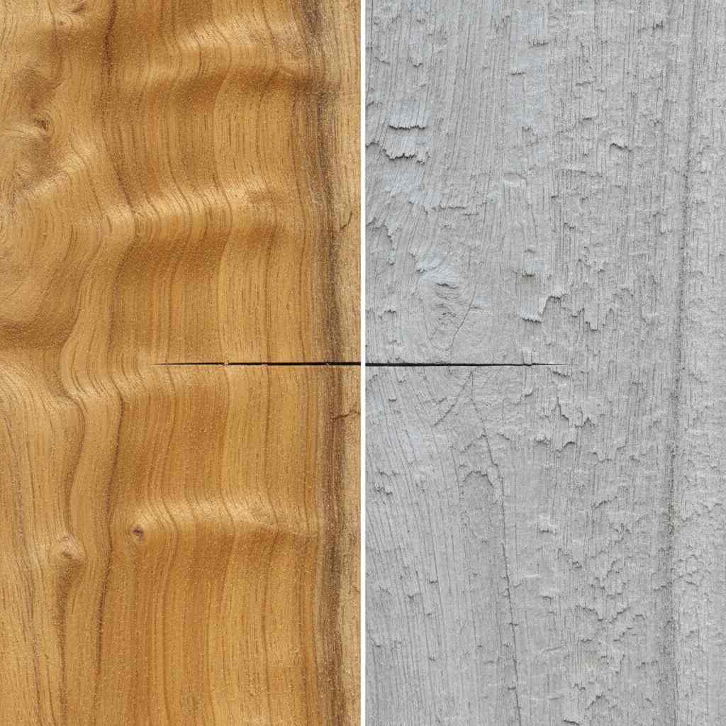 Split image showing fresh golden Iroko wood grain versus weathered silver-grey Iroko texture
