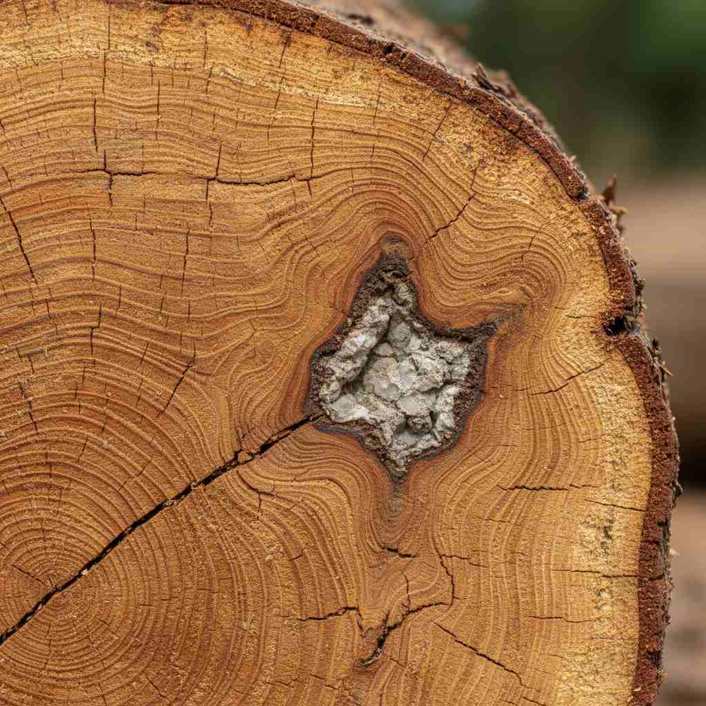 Close up macro shot of African Iroko wood grain texture showing interlocking grain