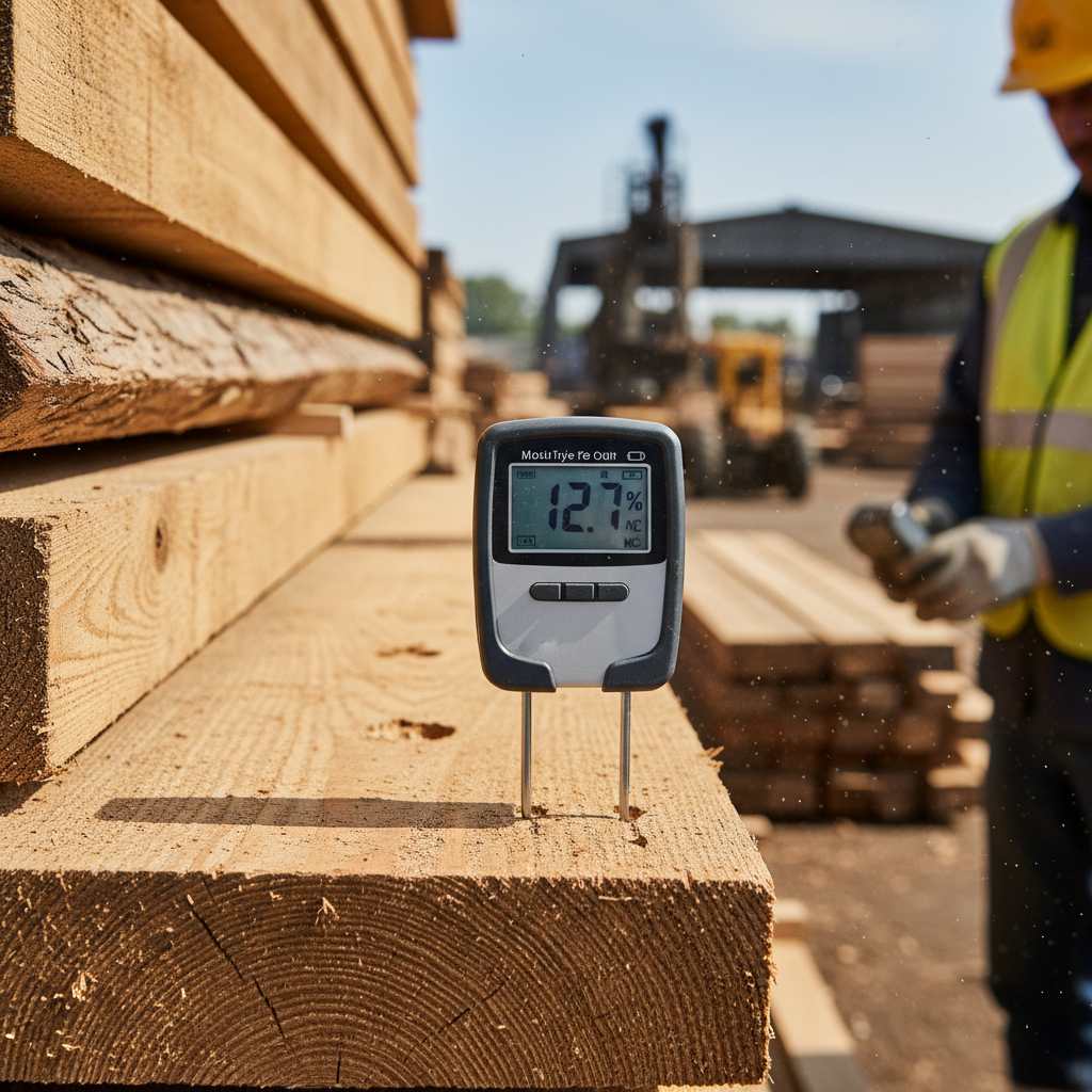 Inspector checking moisture content of Iroko lumber with a digital meter