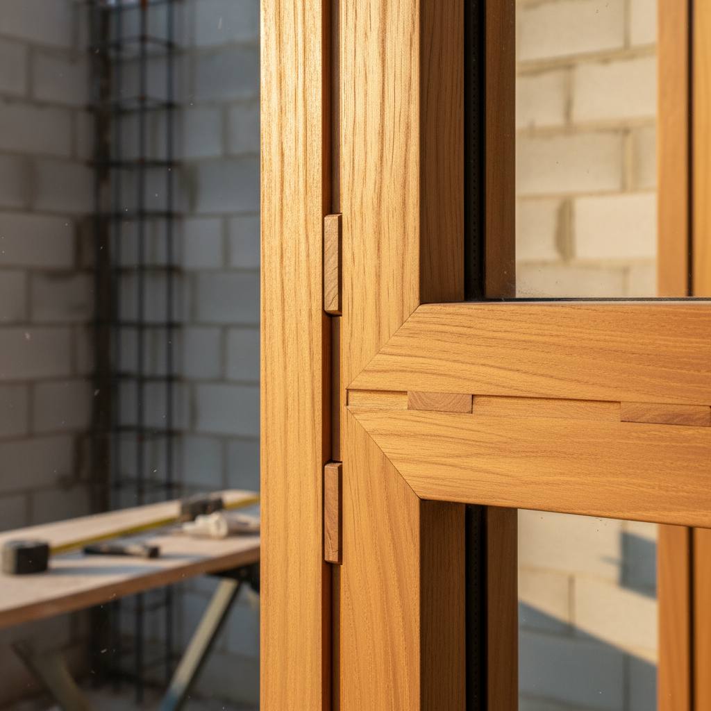 Close up of precision Iroko joinery in a window frame context