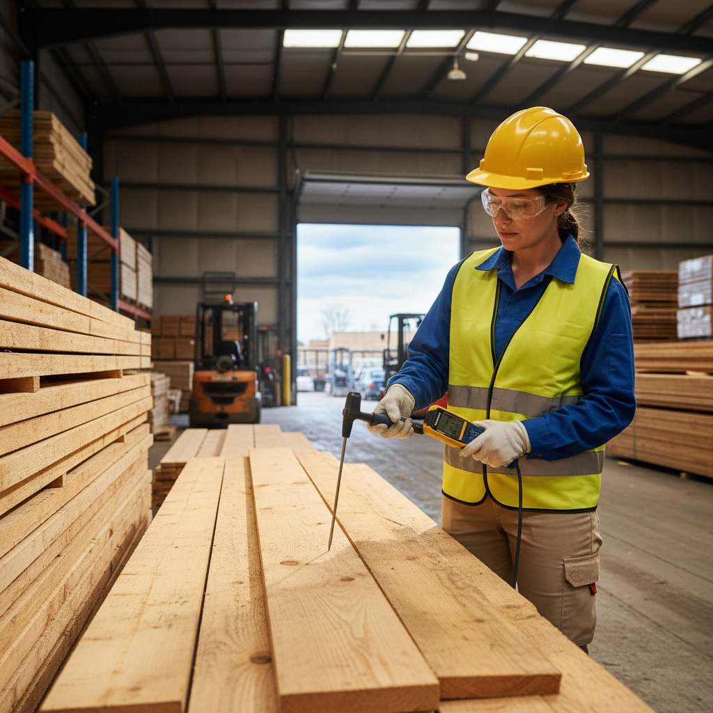 Quality control manager using a moisture meter on African hardwood stack