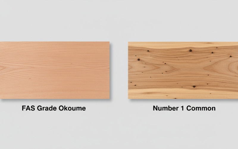 Side by side comparison of FAS grade Okoume board versus Number 1 Common board