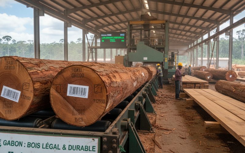 Industrial processing of Gabonese hardwood logs into sawn timber ensuring legal compliance