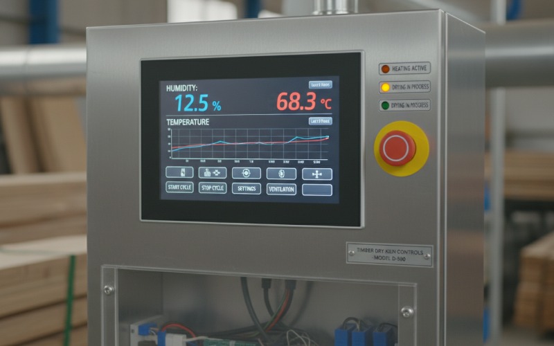 Digital control panel of a timber drying kiln showing humidity and temperature readings