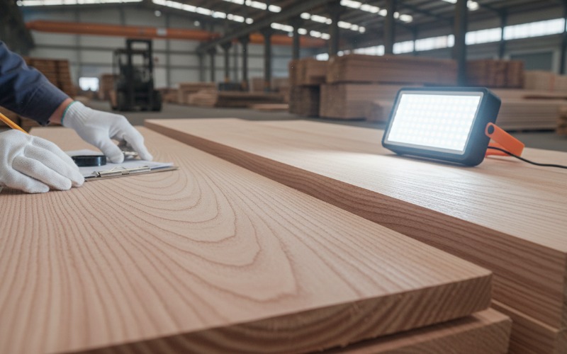 Inspector checking Okoume sawn timber grades in a warehouse