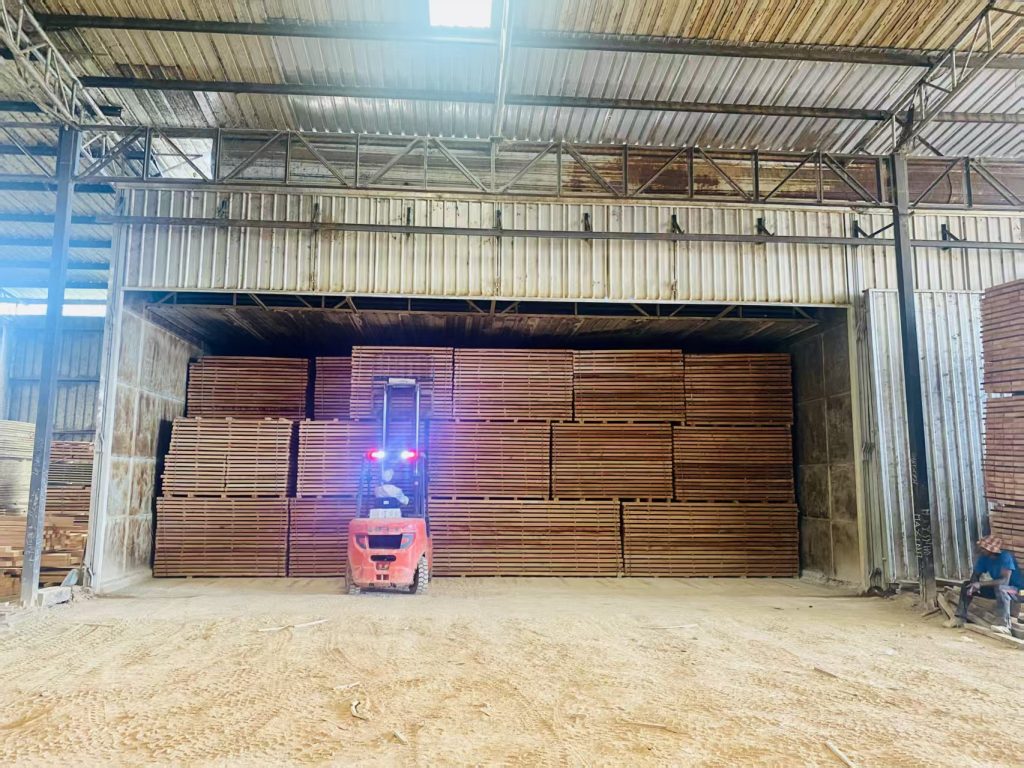 Kiln dried Okoume timber coming out of drying chamber