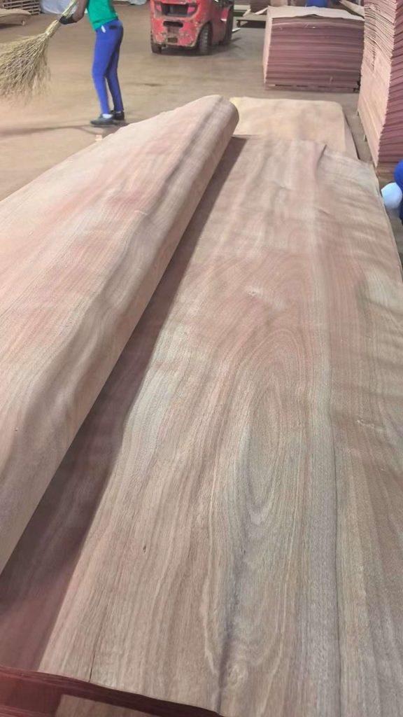Okoume veneer packed and stacked in warehouse