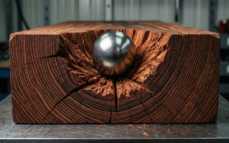 Close-up of Azobé wood grain undergoing standardized hardness impact testing