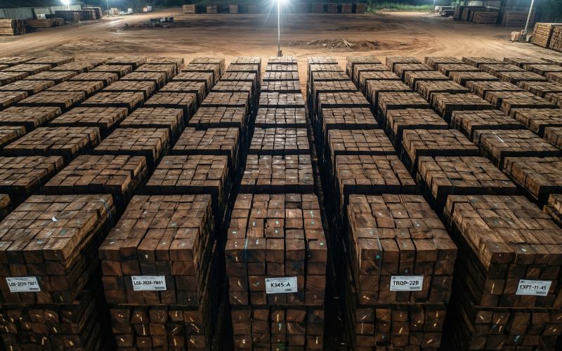 Stacked High-Density Azobé Square Logs ready for export