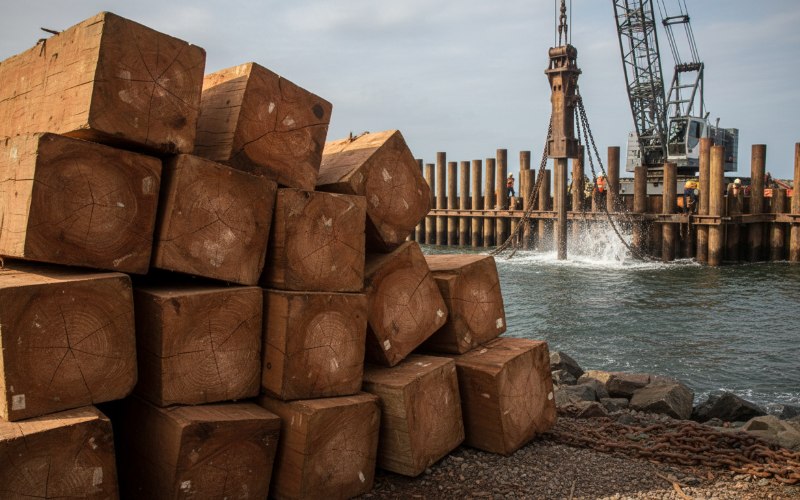 Tali wood log cants used in heavy duty marine piling construction