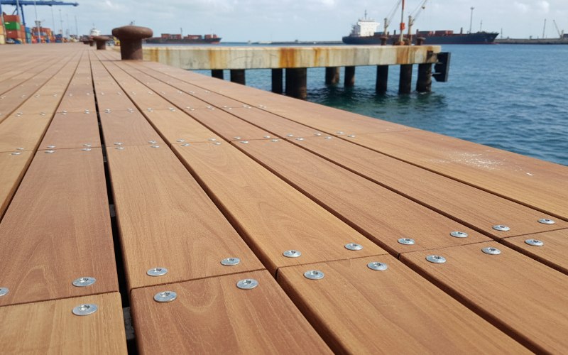 Close-up of Tali timber marine decking installation