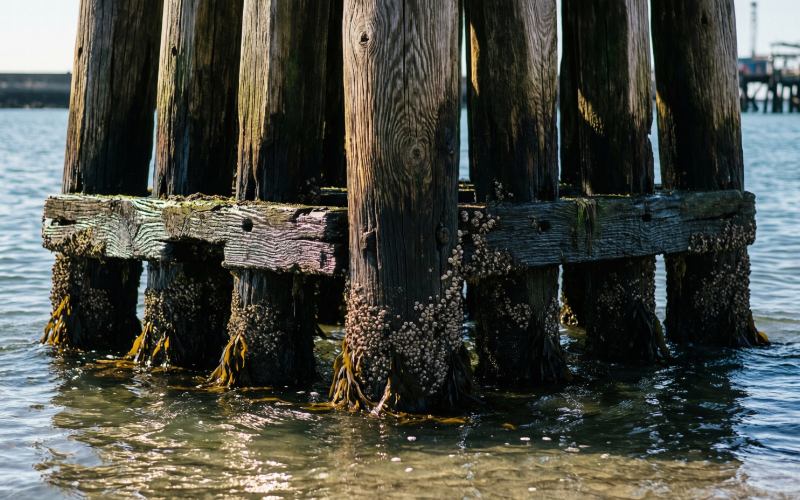 Weathered Azobé marine piling demonstrating natural decay resistance after years of tidal exposure
