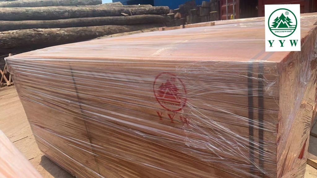 okoume stock lumber piles