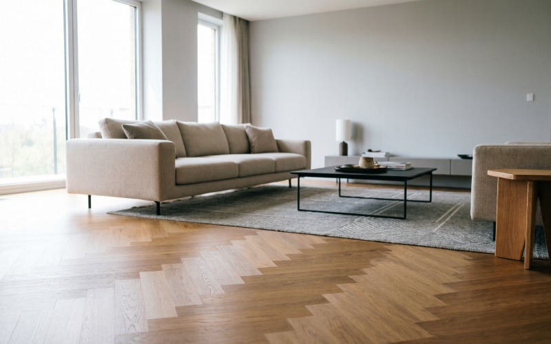 Acacia wood flooring in living room