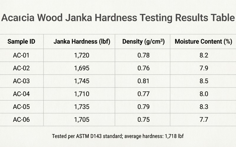 Acacia Wood Janka Hardness Testing Results Table