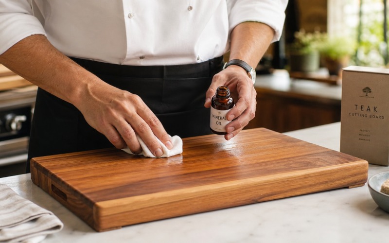 Chef applying mineral oil to a teak cutting board to maintain its grain
