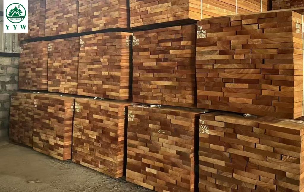 tiama timber boards stacked in warehouse