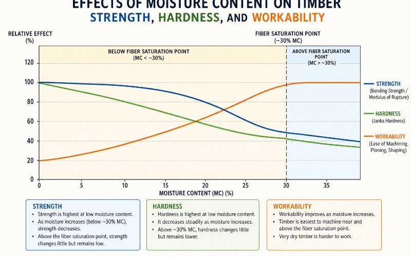 Chart showing effects of moisture content on timber strength, hardness, and workability