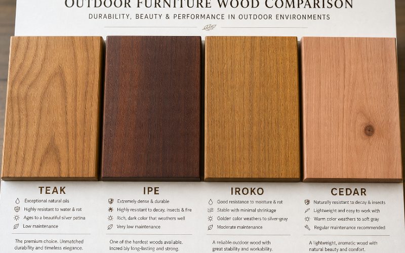 Wood sample comparison for outdoor furniture - teak, ipe, iroko, cedar
