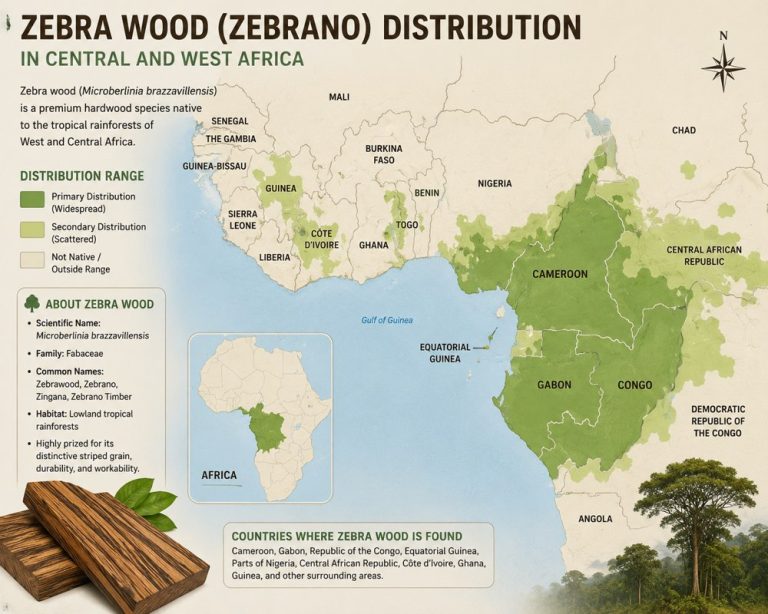 zebra wood distribution in Central and West Africa