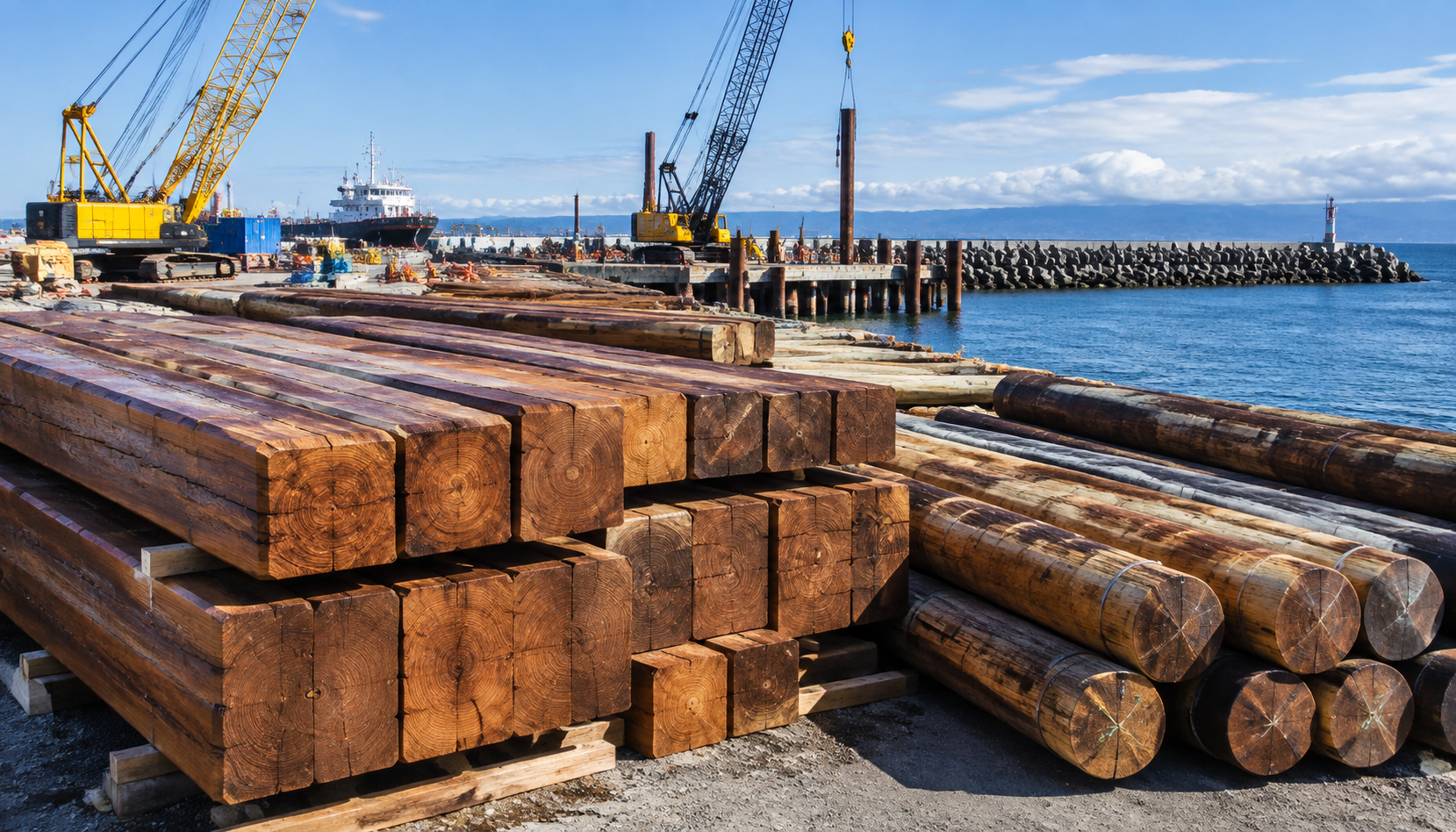Heavy Okan timber logs and square-sawn marine pilings ready for harbor engineering