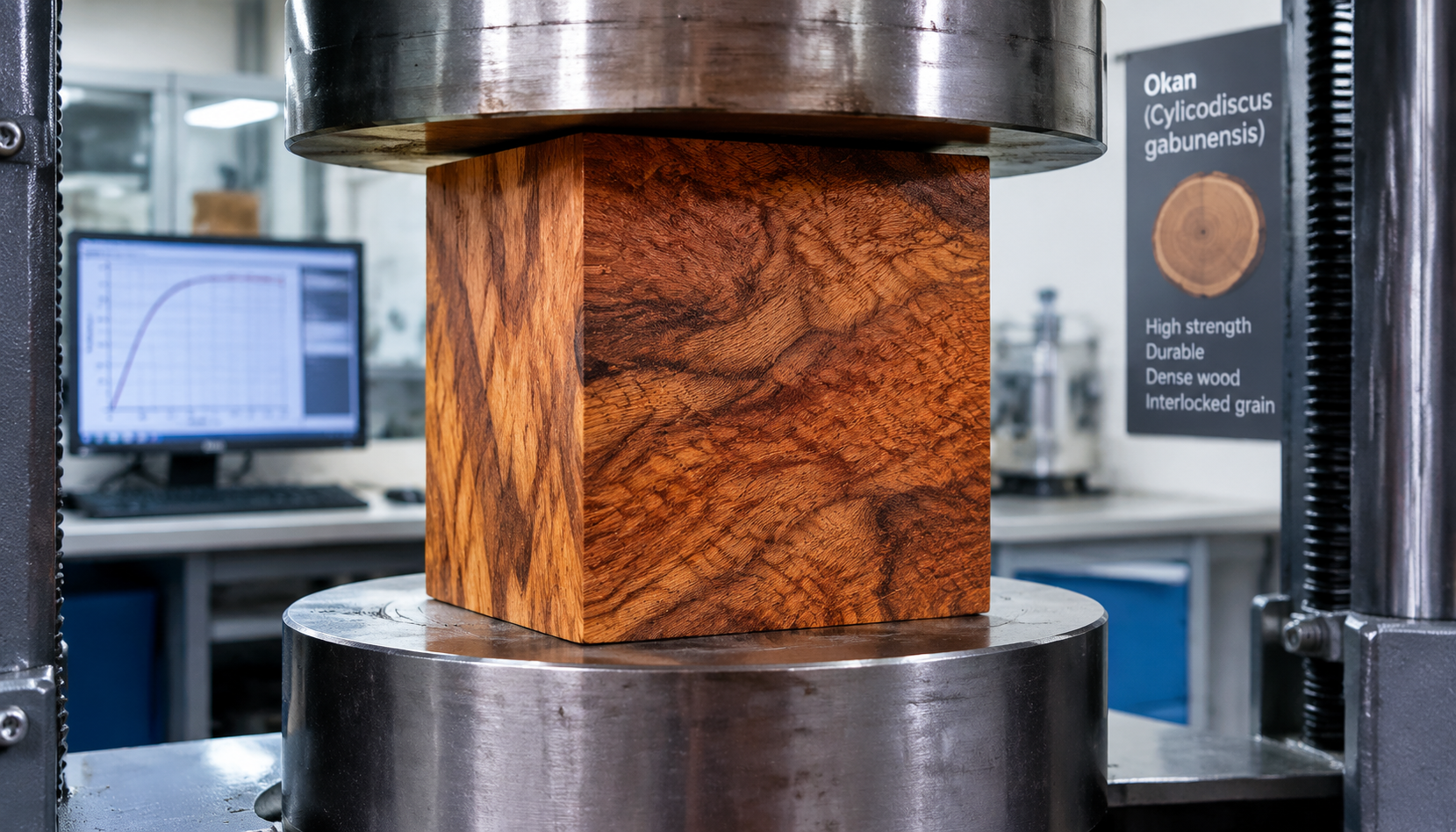 Mechanical testing specimen of dense Okan timber under compressive and bending load