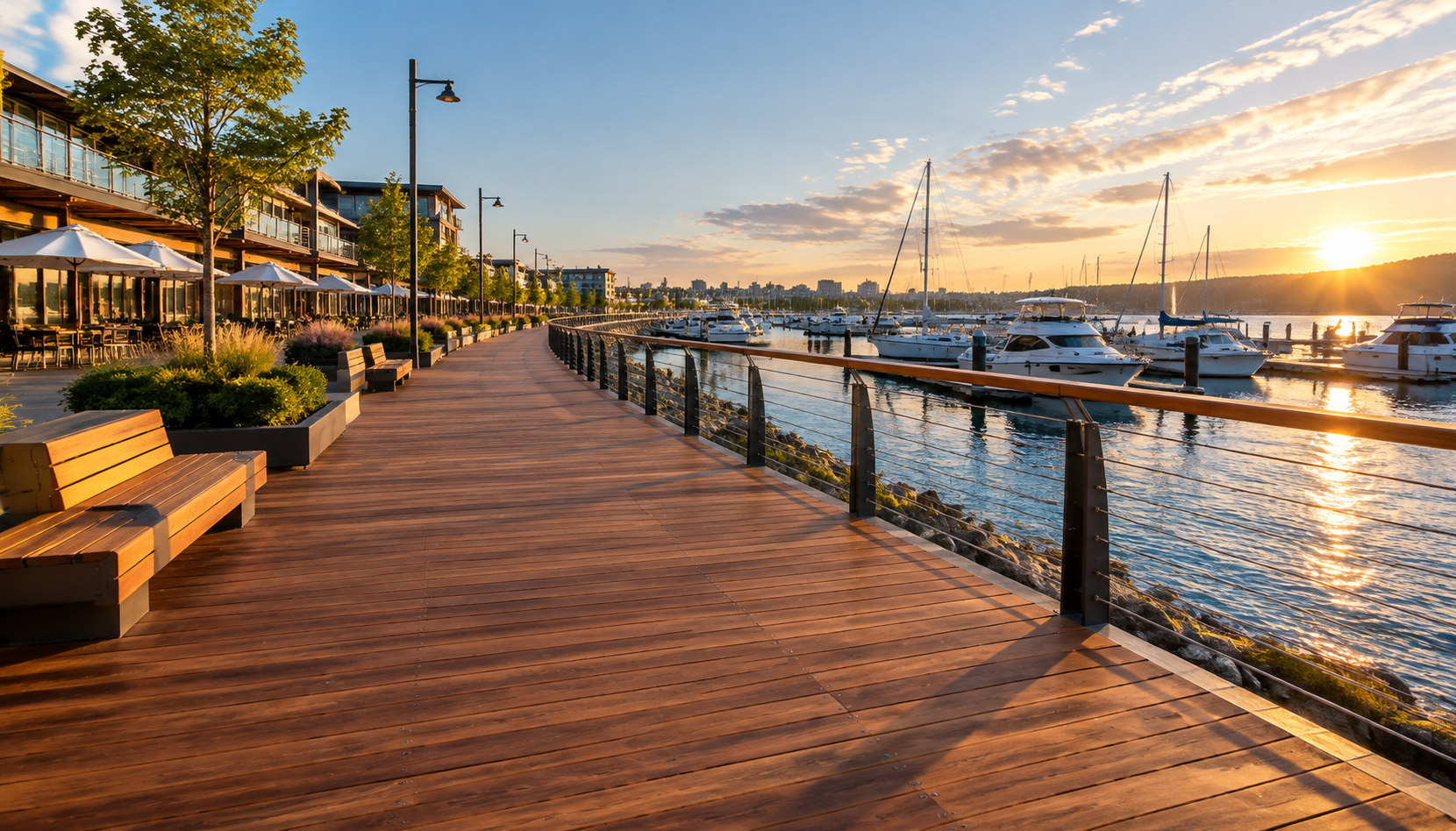 Heavy-duty commercial boardwalk and maritime decking constructed with interlocking Okan hardwood boards