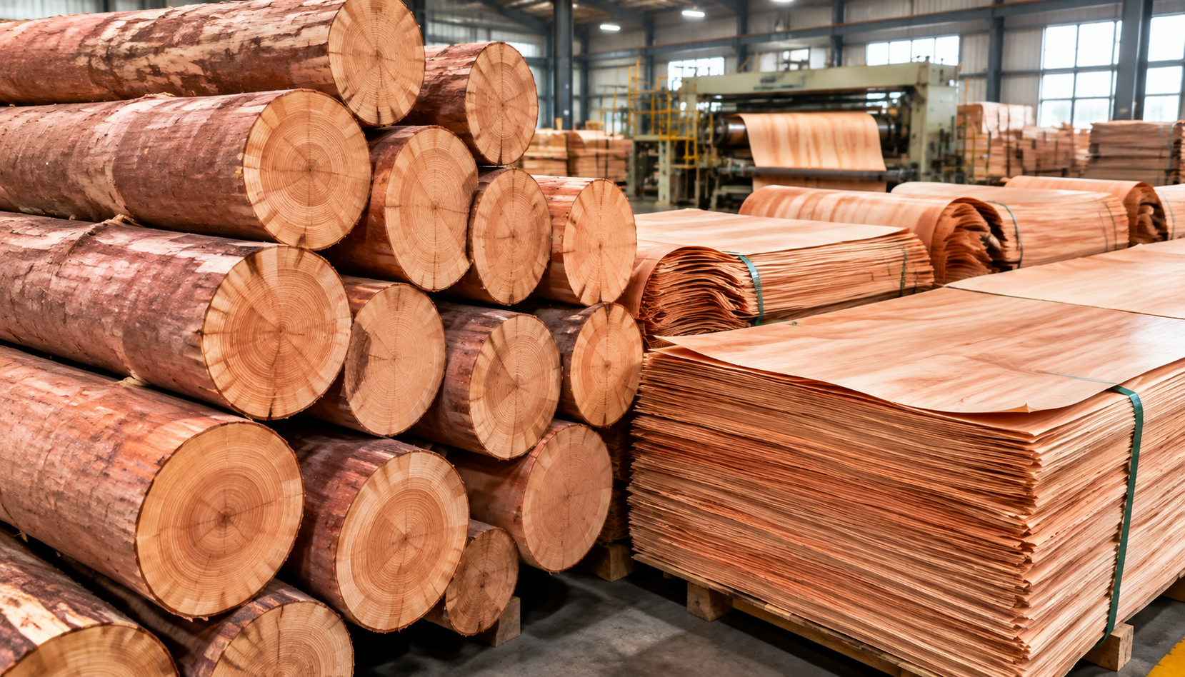 Industrial stack of raw okoume logs and rotary peeled okoume veneer sheets ready for plywood manufacturing
