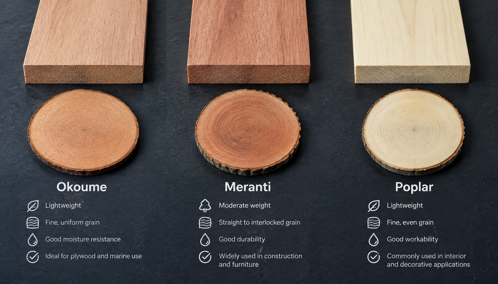Visual technical chart comparing timber density and bending strength between okoume, meranti, and poplar cores