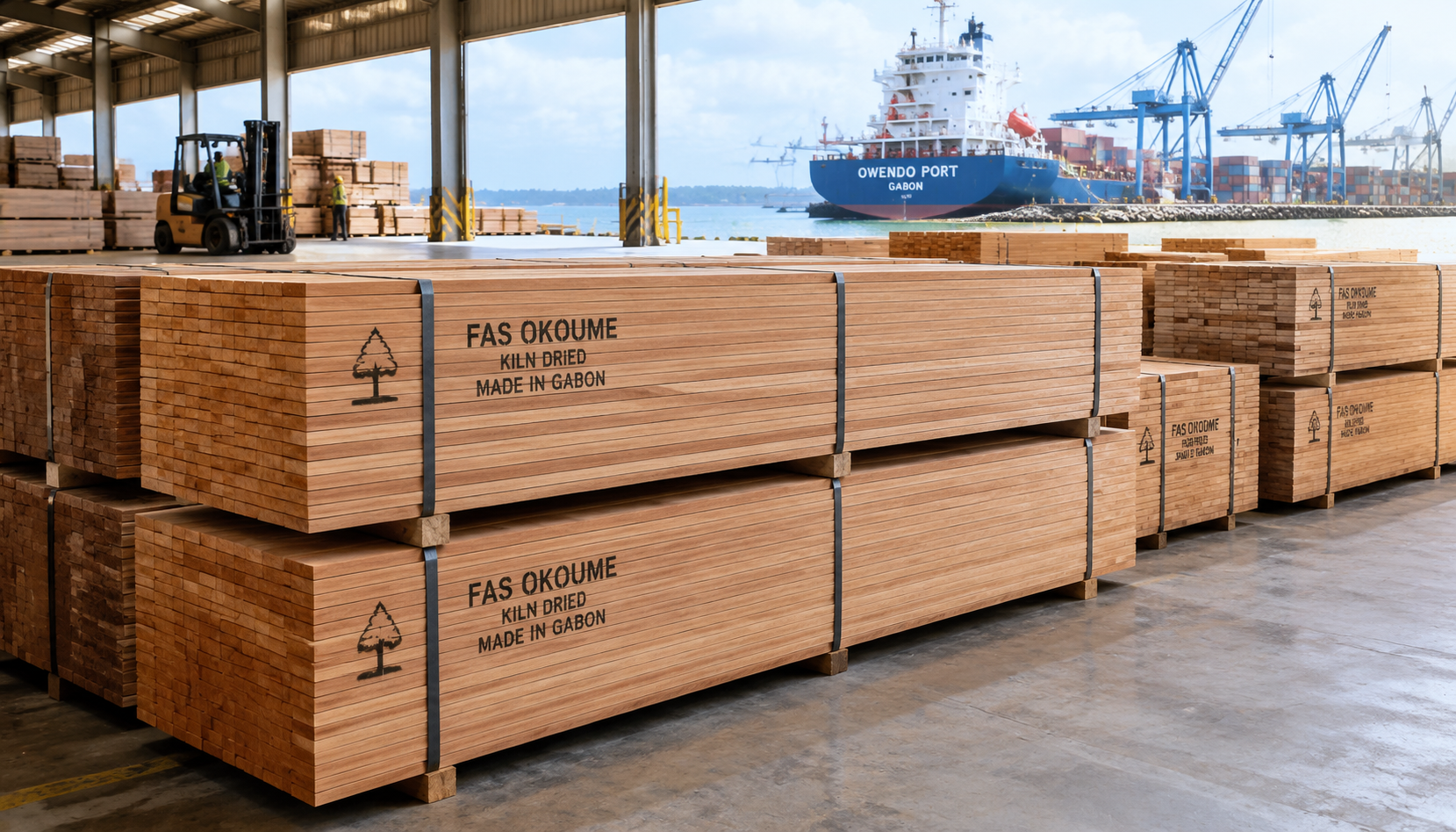 Stacks of kiln-dried FAS okoume lumber prepared for container export at Owendo port
