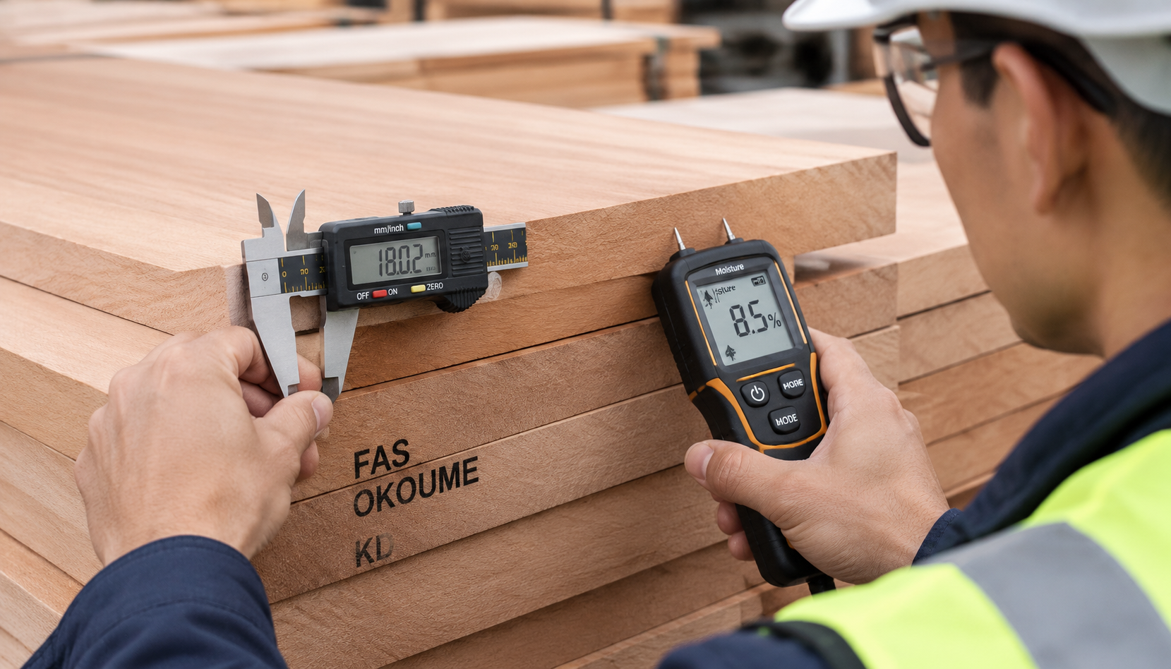 Quality technician inspecting FAS Okoume lumber dimensions and surface finish with digital calipers