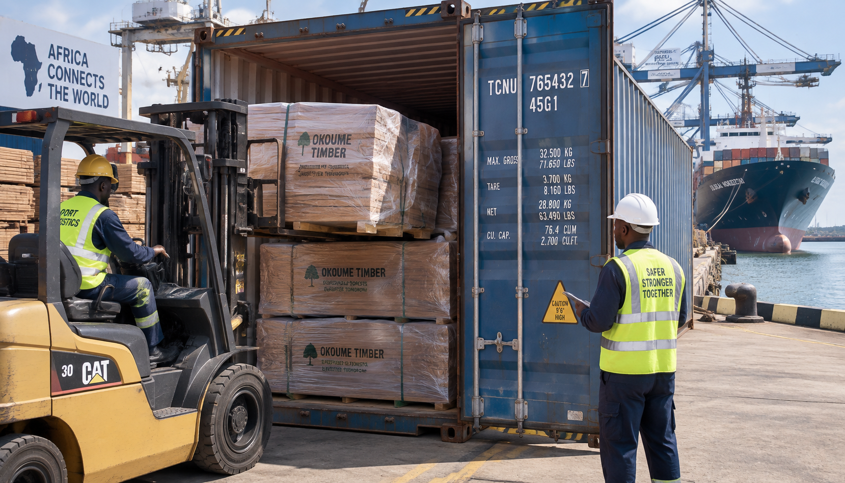 High-density strapped lumber bundles of Okoume timber loaded into an export maritime container