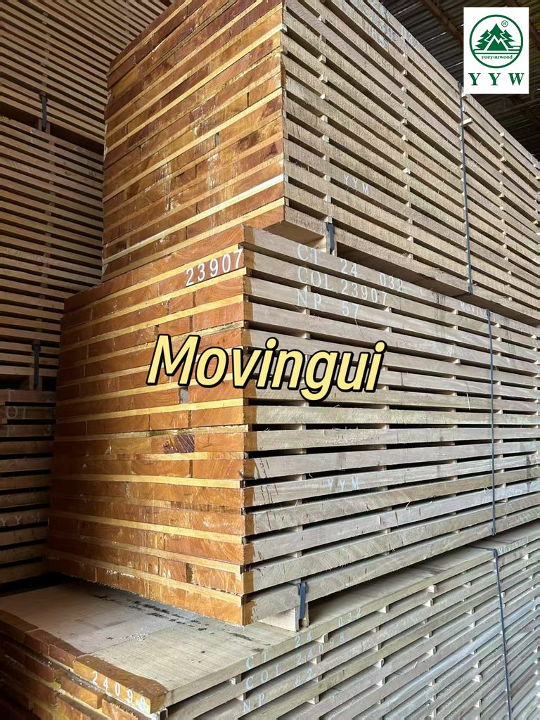 Movingui timber stacked in warehouse