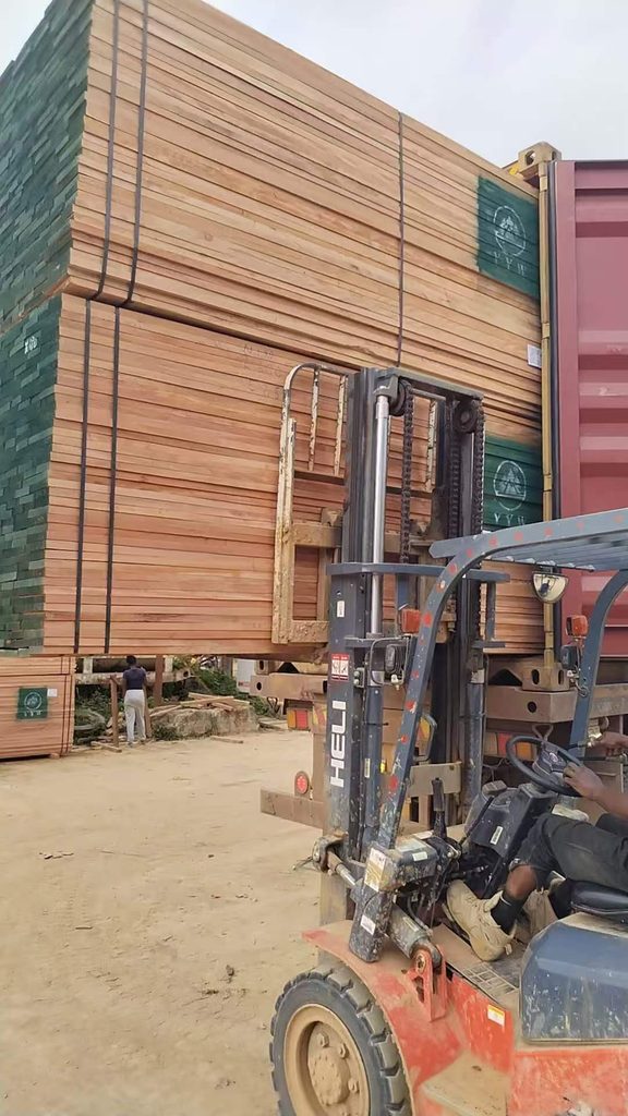 Okoume timber bundles ready for container loading in Gabon