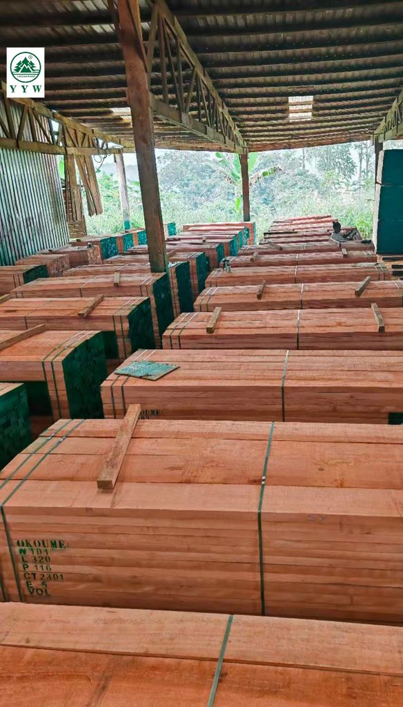 Okoume timber stock in warehouse