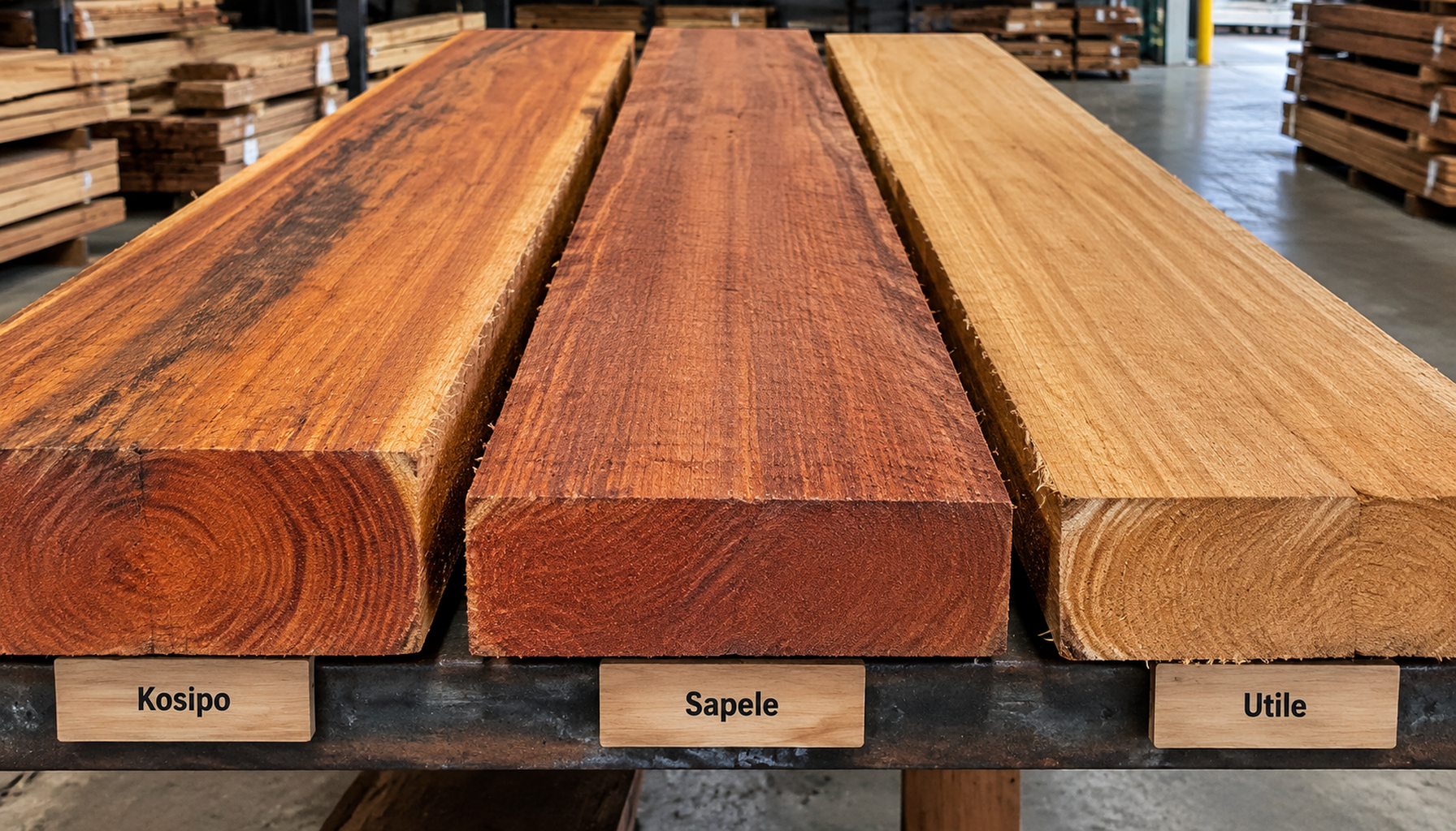 Rough sawn timber comparison of Kosipo, Sapele, and Utile boards in a timber yard