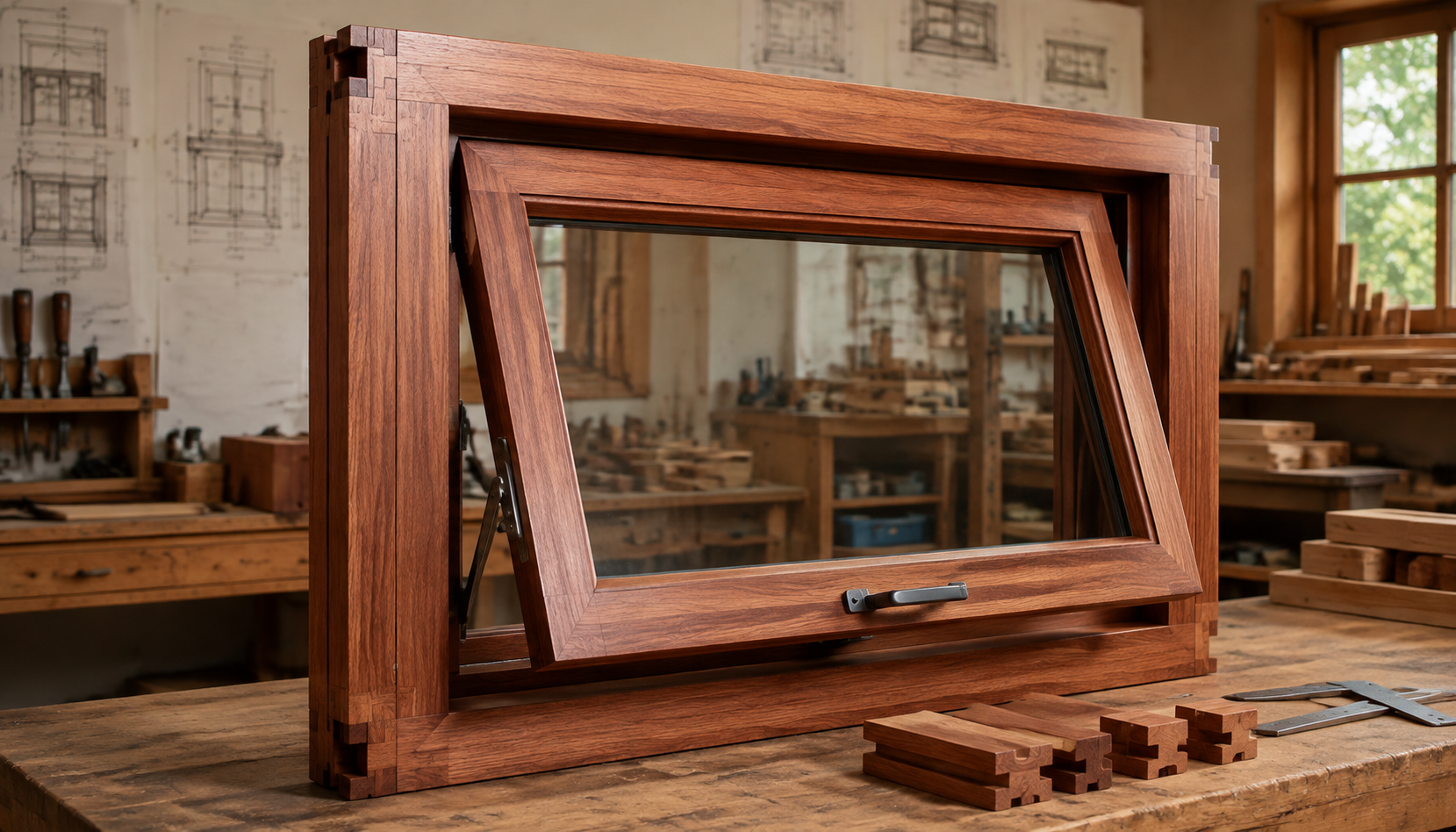 Precision exterior timber window frame crafted from Utile and Sapele hardwood