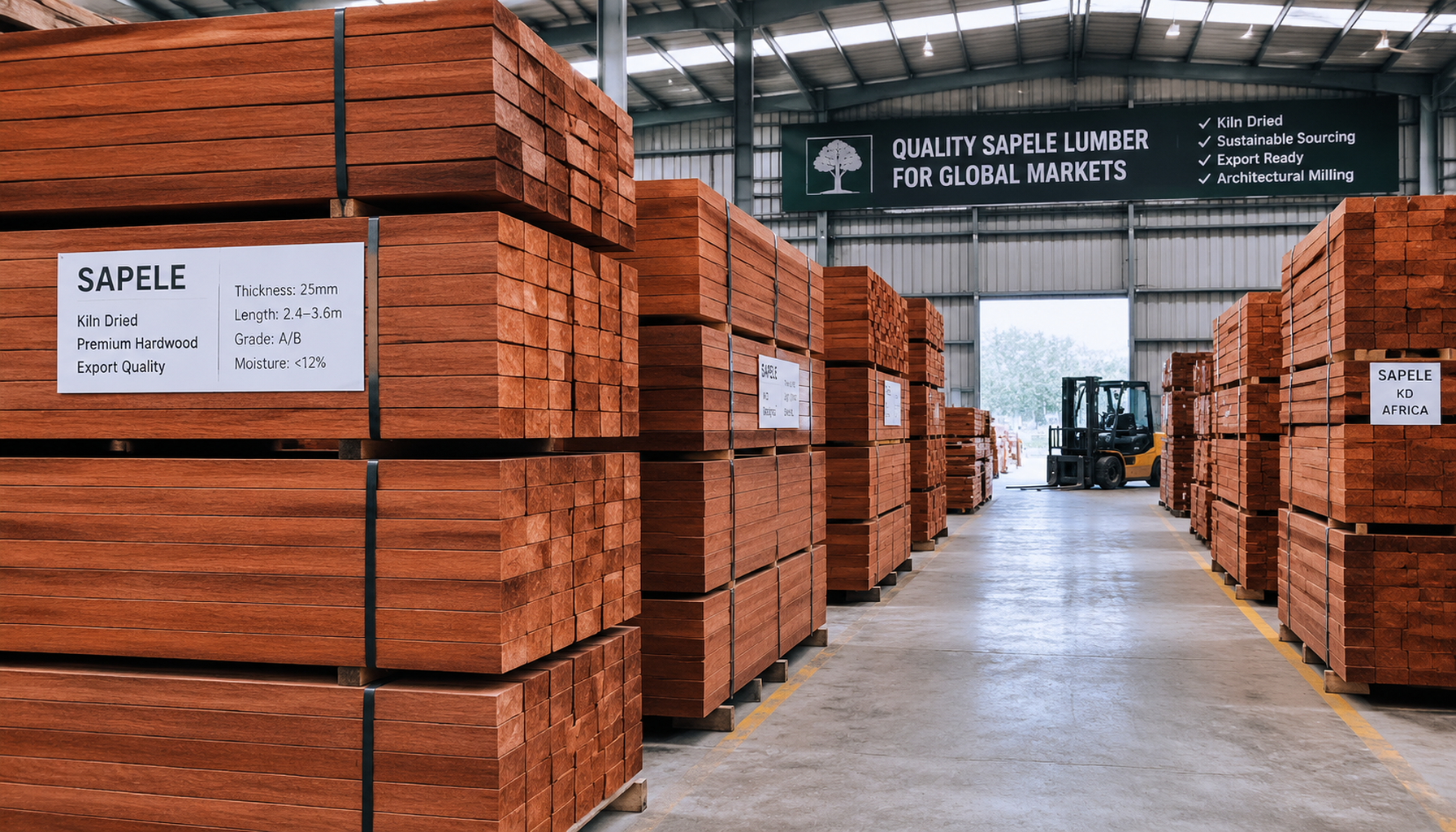 Bundles of kiln-dried sapele lumber stored in a professional timber warehouse.