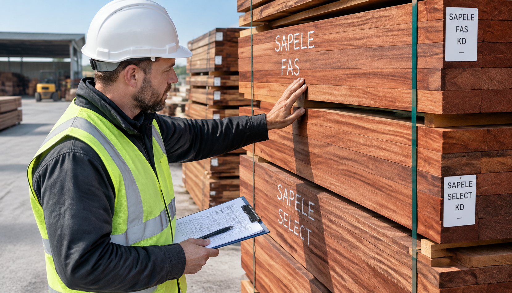 Inspector evaluating sapele lumber grades in a timber yard