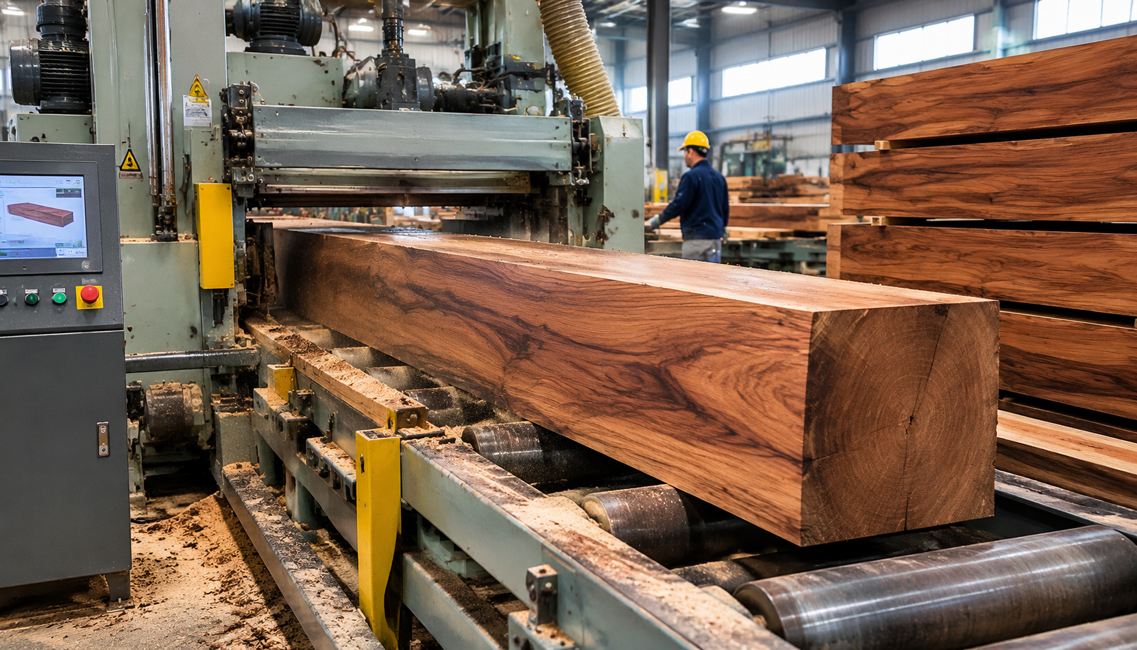 Workshop setting showing heavy-duty machinery processing dense okan hardwood lumber