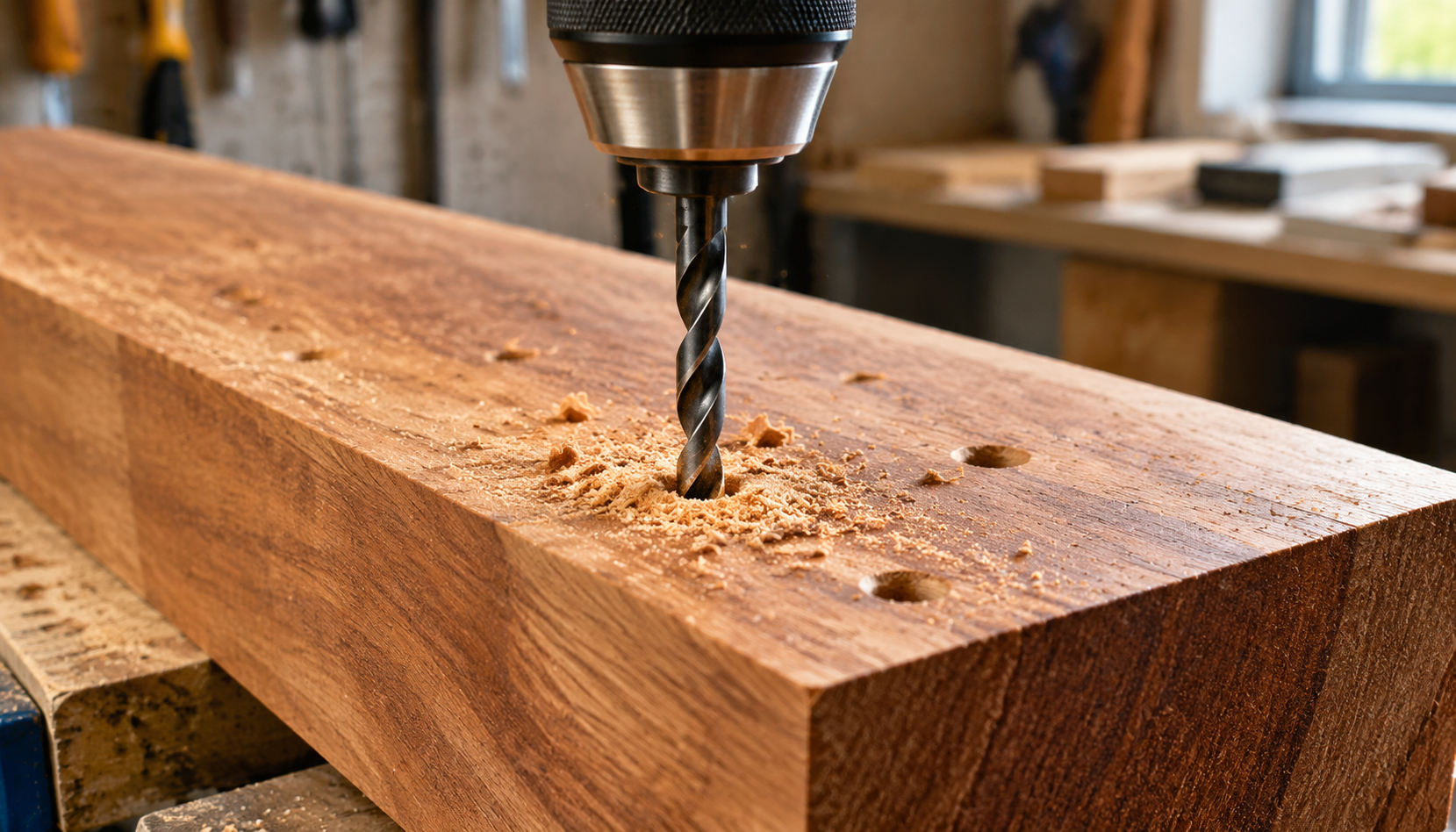 Close-up of a workshop drill bit pre-drilling holes into dense okan timber