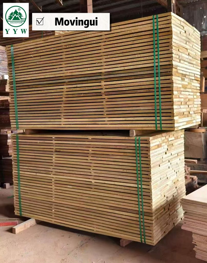 Movingui timber boards stacked in a warehouse